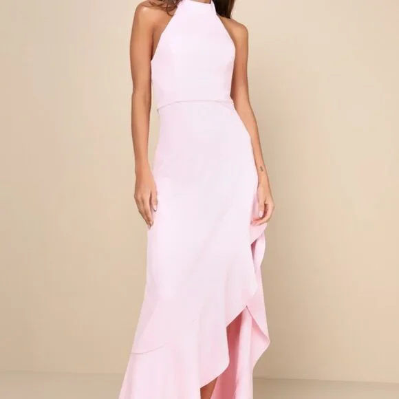 Lulus | Dresses | Lulus Majestic Perfection Light Pink Ruffled Halter Maxi  Dress Size M | Poshmark